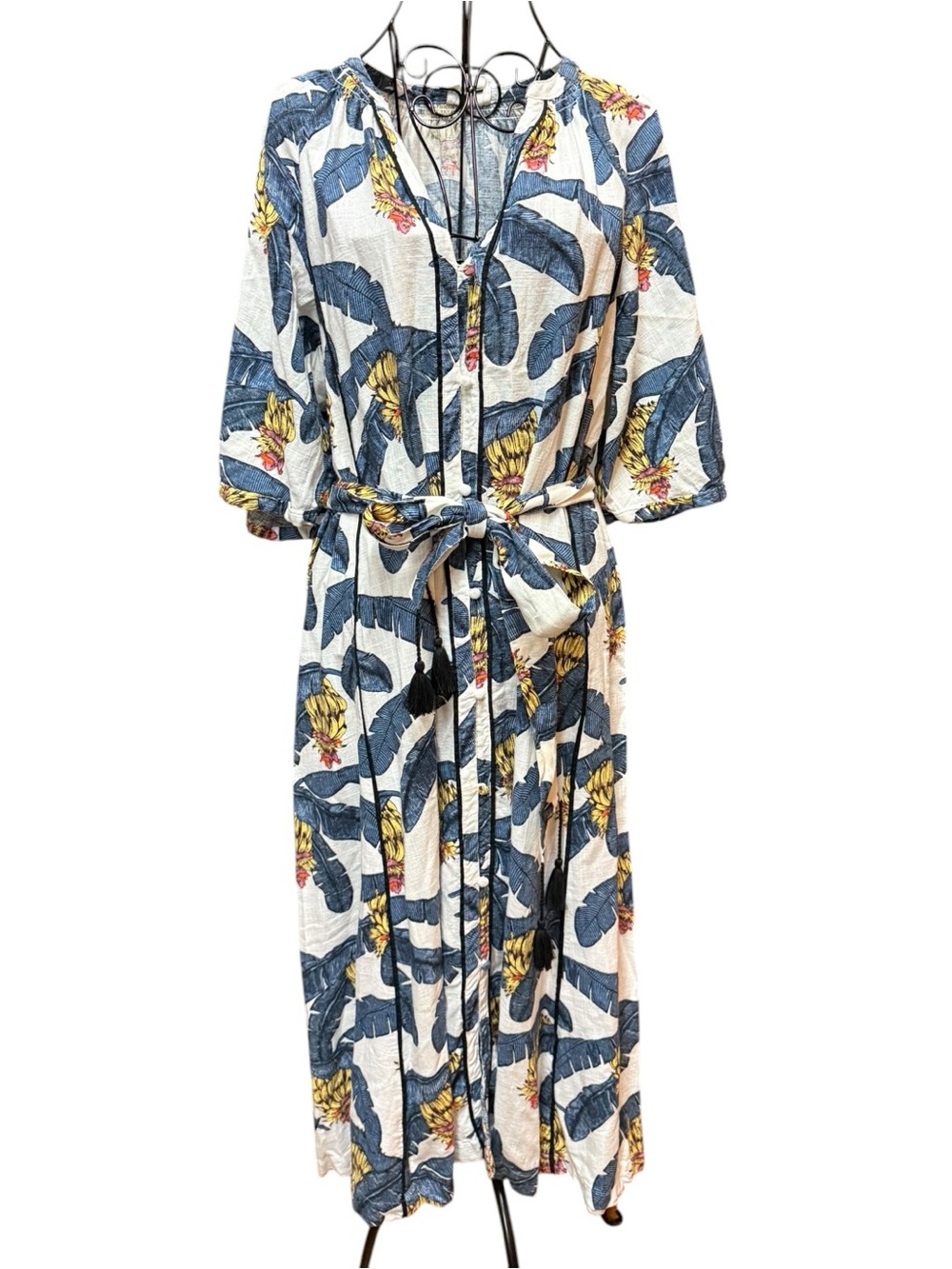 Desmond & Dempsey Linen Blend Tropical Floral Maxi Dress Blue and Cream Small